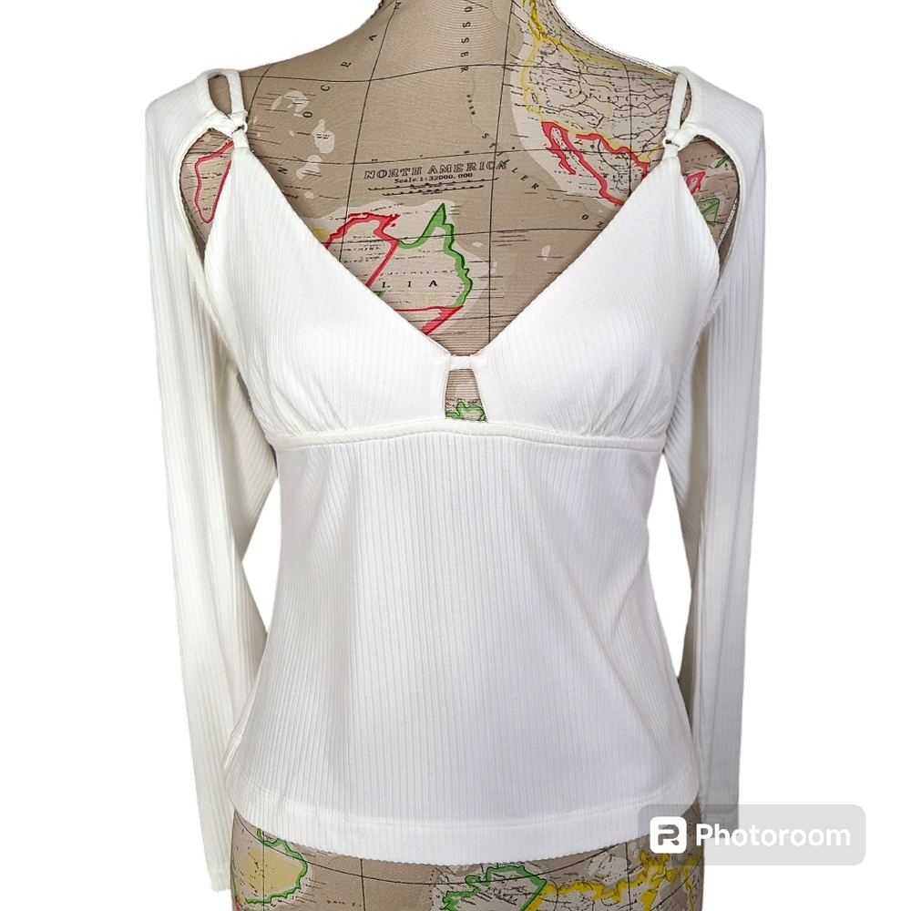 Jonathan Simkhai Dakota Size Medium White Ribbed Cut Out Blouse NWT Coastal Chic - Picture 2 of 13